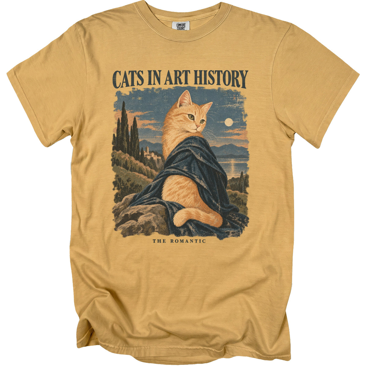 Yellow t-shirt with "Cats in Art History The Romantic" text and a cat painting.