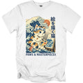 Calico cat painting Mount Fuji and a wave, with Japanese text and "Paws & Masterpieces".
