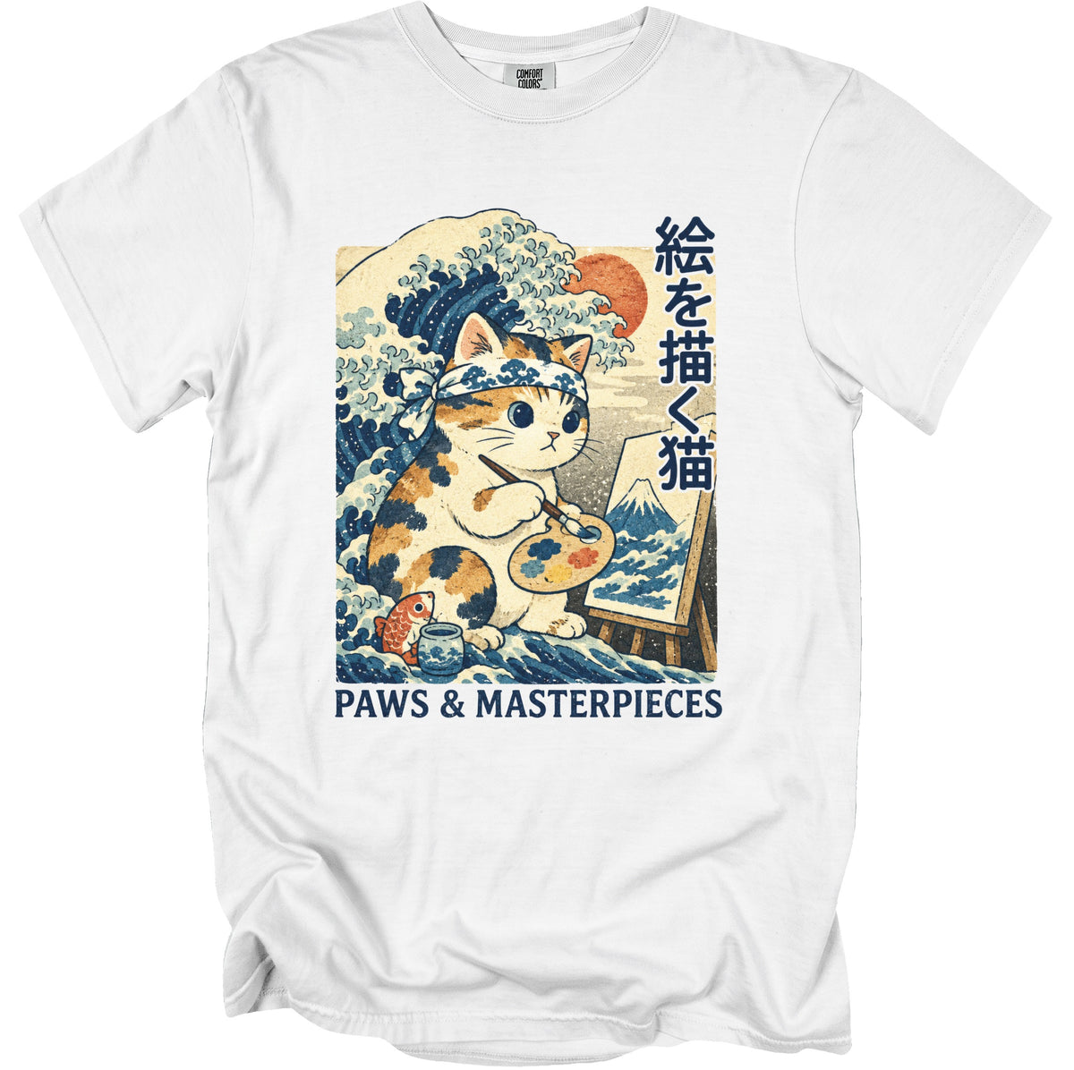 Calico cat painting Mount Fuji and a wave, with Japanese text and "Paws & Masterpieces".