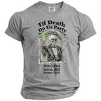 Grey t-shirt with skeleton raising glass, "Til Death Do Us Party", and event details.