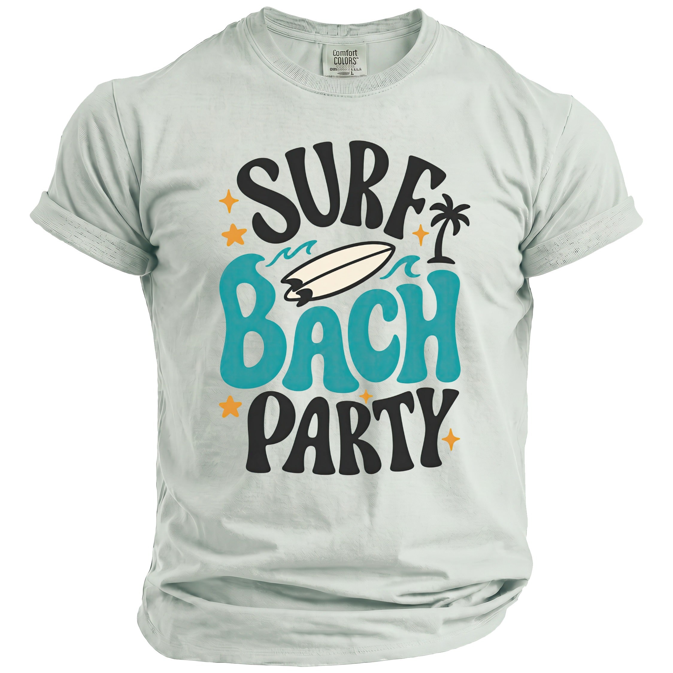 Light blue t-shirt with "Surf Bach Party" text, surfboard, and palm tree graphic.