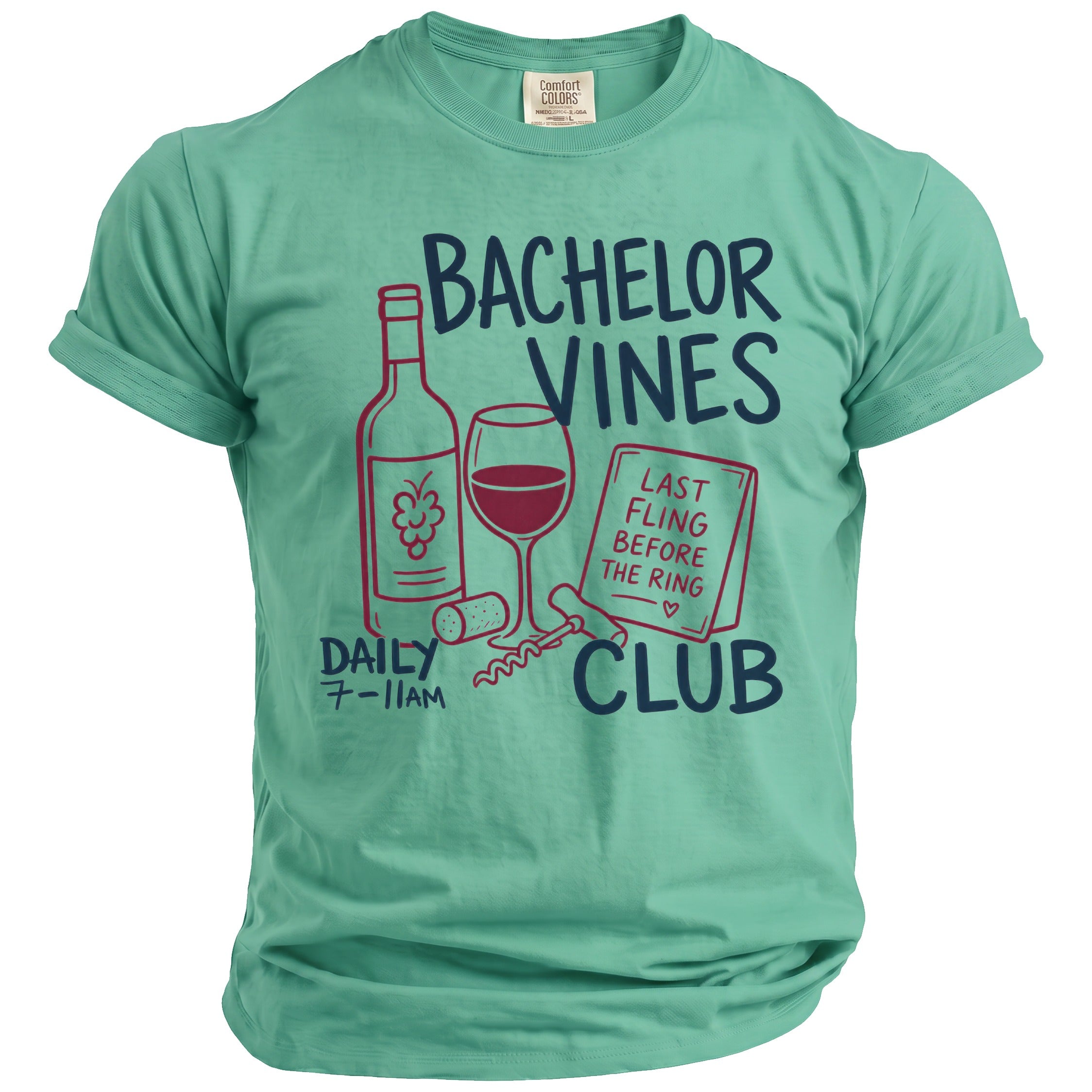 Bachelor Vines Club text with wine bottle, glass, cork, and corkscrew graphic.
