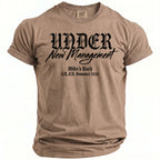 Tan t-shirt with black text saying "Under New Management Mike's Bach LA, CA. Summer 2026".