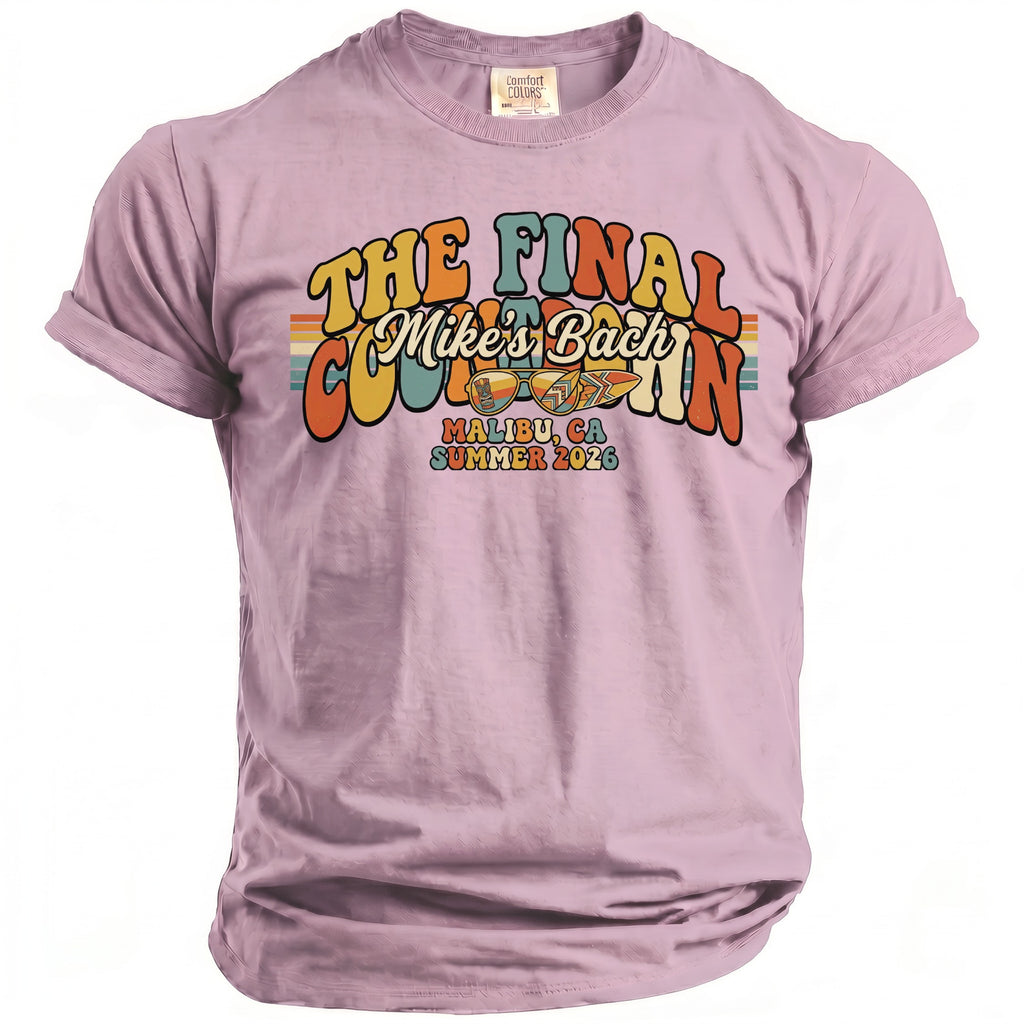 Mauve Comfort Colors t-shirt with "The Final Countdown" graphic and "Malibu, Ca Summer 2026" text.