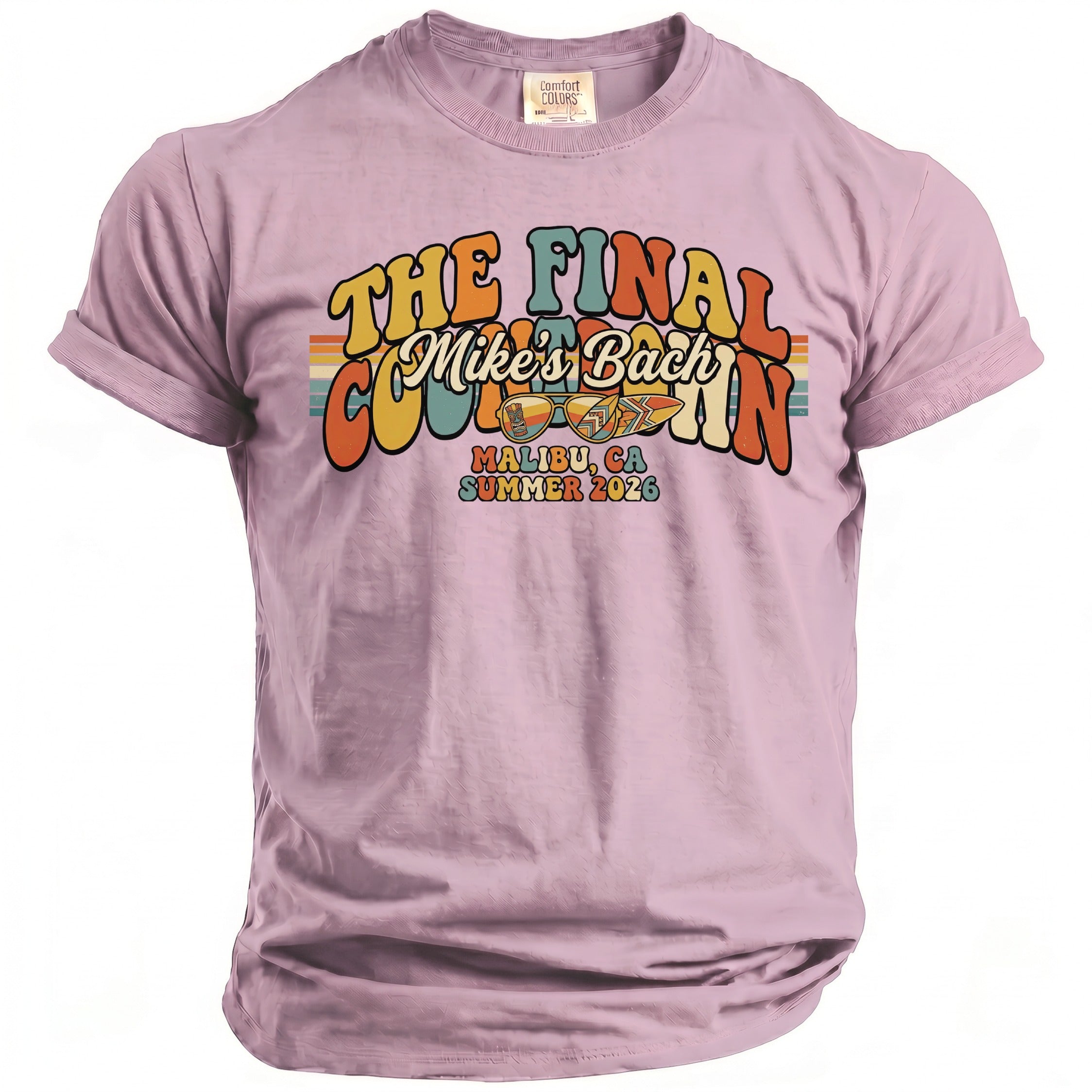 Mauve Comfort Colors t-shirt with "The Final Countdown" graphic and "Malibu, Ca Summer 2026" text.
