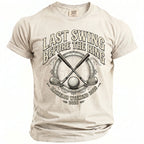 Light grey t-shirt with "Last Swing Before The Ring" and "Bachelor Weekend 2026" golf graphic.
