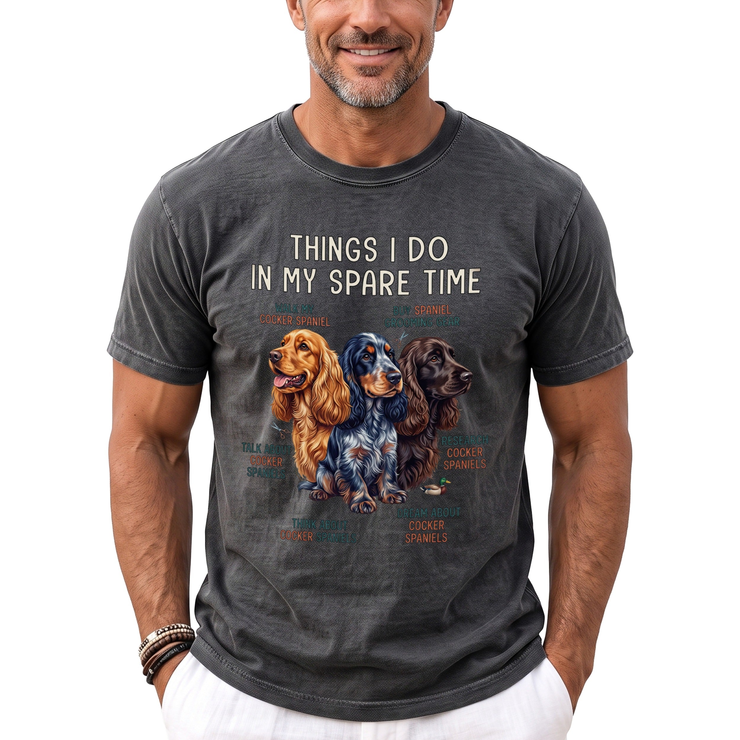 Dark grey t-shirt with "Things I Do In My Spare Time" and three cocker spaniels.