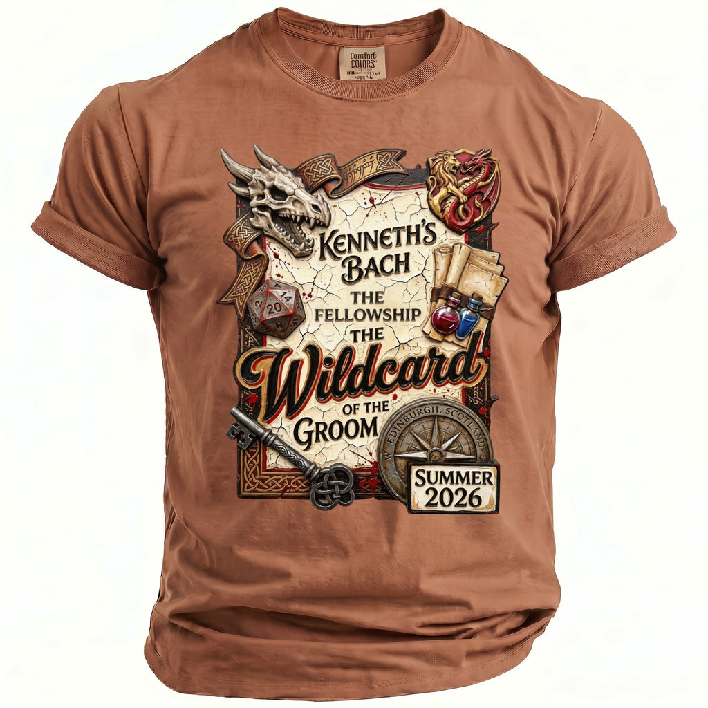 Brown t-shirt with "Kenneth's Bach Fellowship Wildcard of the Groom" graphic.