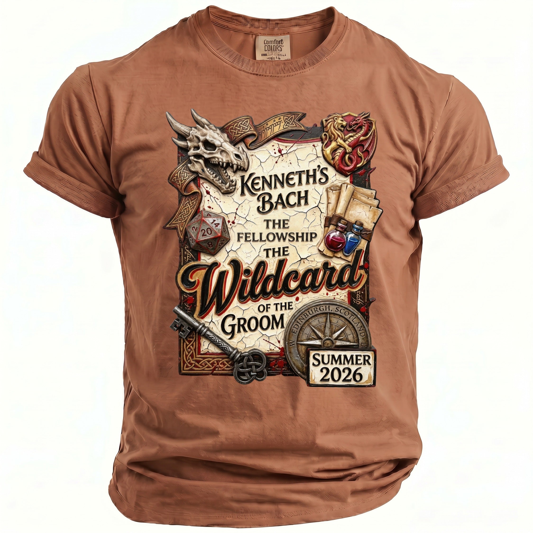 Brown t-shirt with "Kenneth's Bach Fellowship Wildcard of the Groom" graphic.