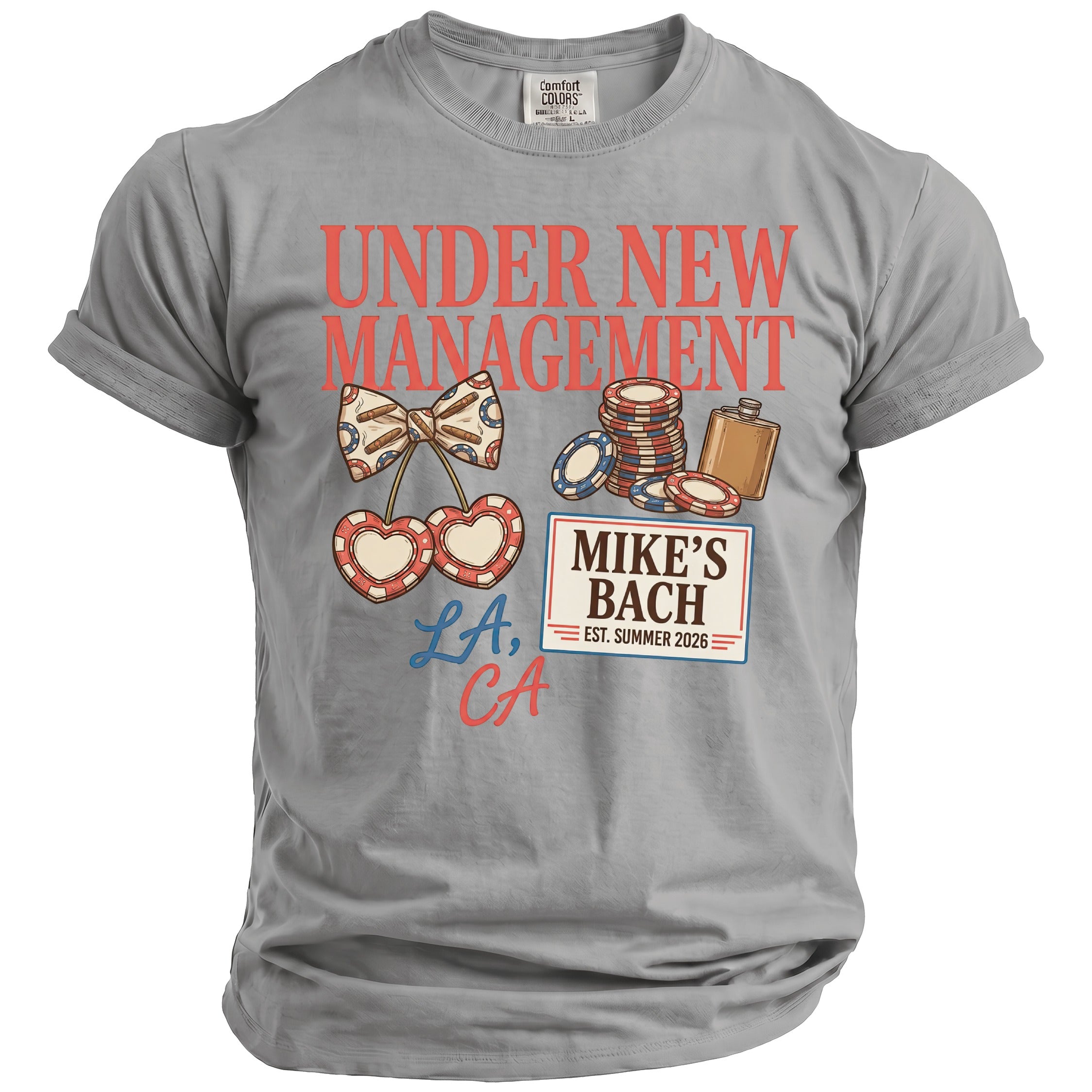 Gray t-shirt with "Under New Management," "Mike's Bach," and LA, CA graphics.