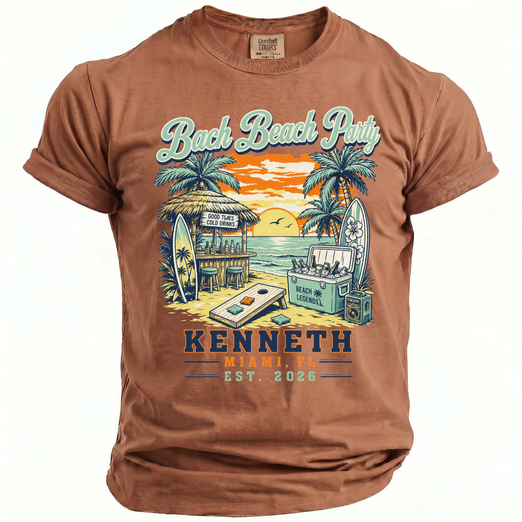 Brown t-shirt with "Bach Beach Party Miami, FL Est. 2026 Kenneth" graphics.