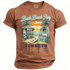 Brown t-shirt with "Bach Beach Party Miami, FL Est. 2026 Kenneth" graphics.