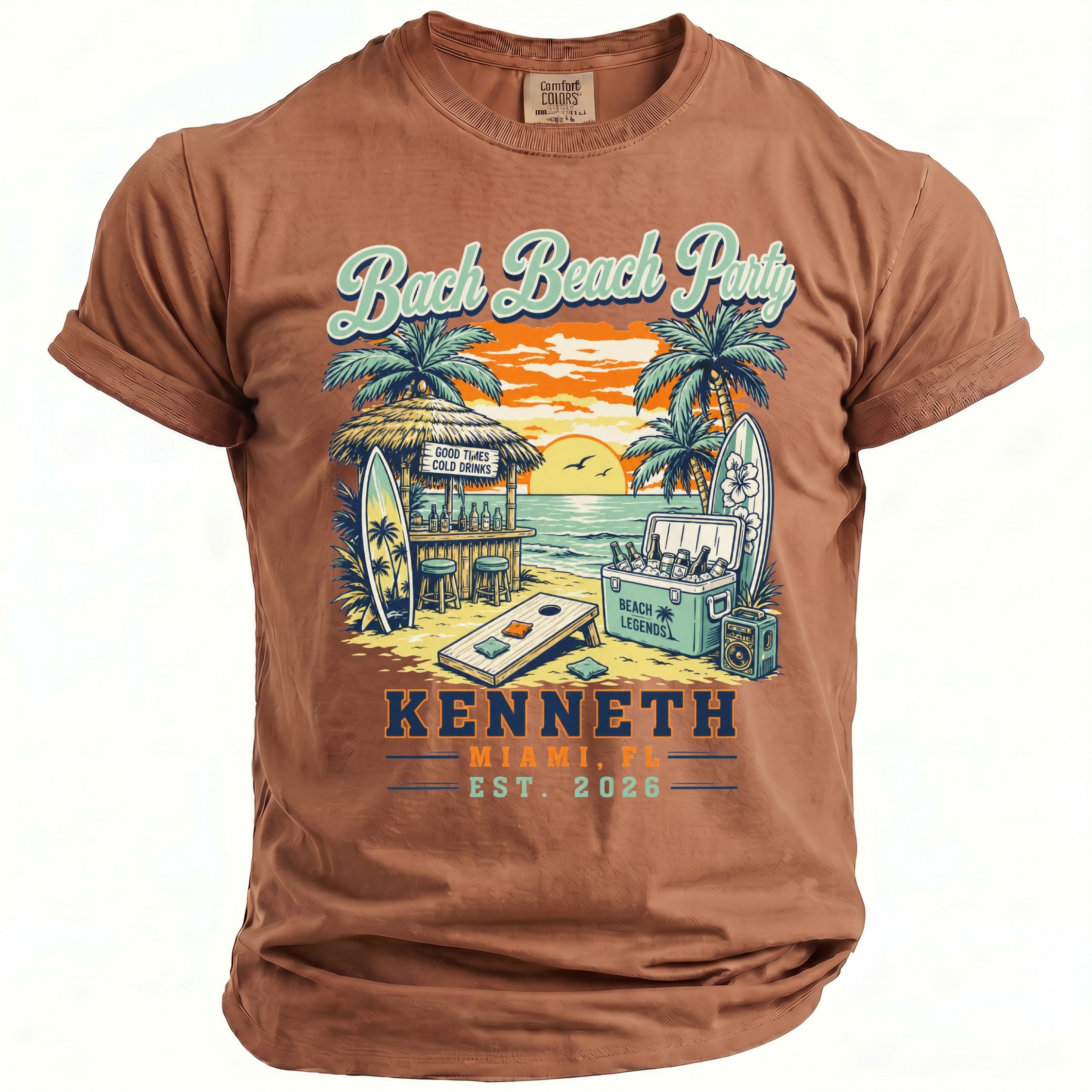 Brown t-shirt with "Bach Beach Party Miami, FL Est. 2026 Kenneth" graphics.