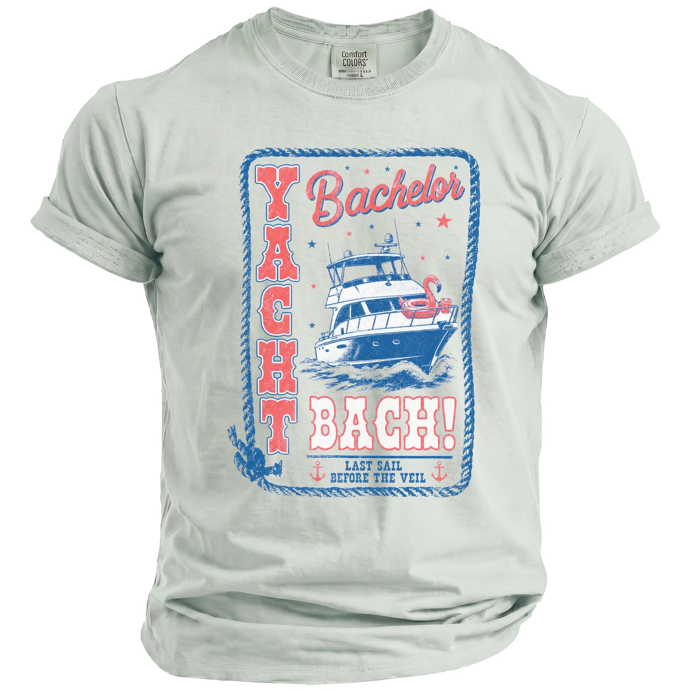 Light grey crew neck t-shirt featuring a blue and red nautical graphic that reads Yacht Bach.