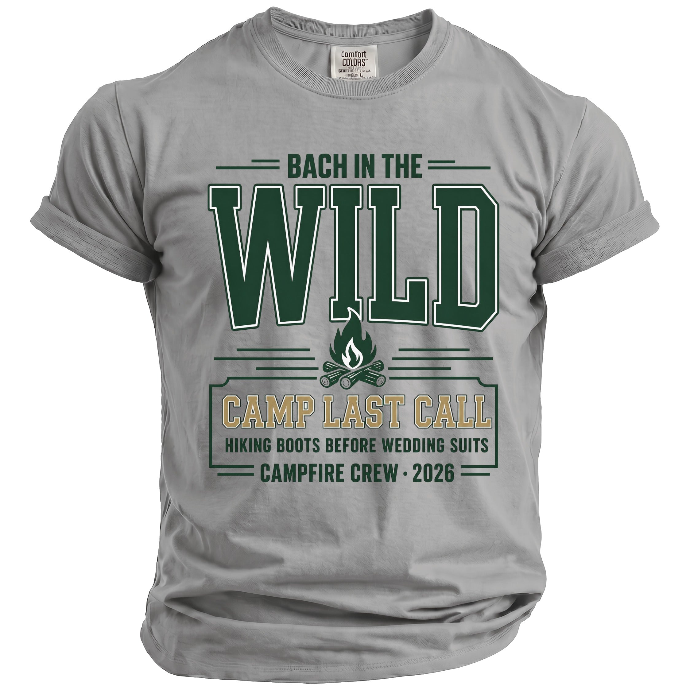 Grey t-shirt with "Bach in the Wild, Camp Last Call" text and graphics.