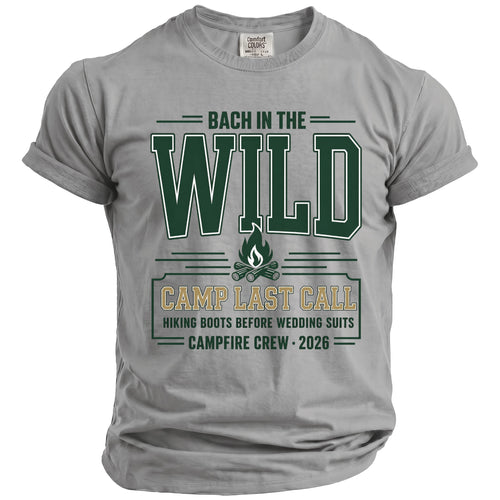 Grey t-shirt with "Bach in the Wild, Camp Last Call" text and graphics.
