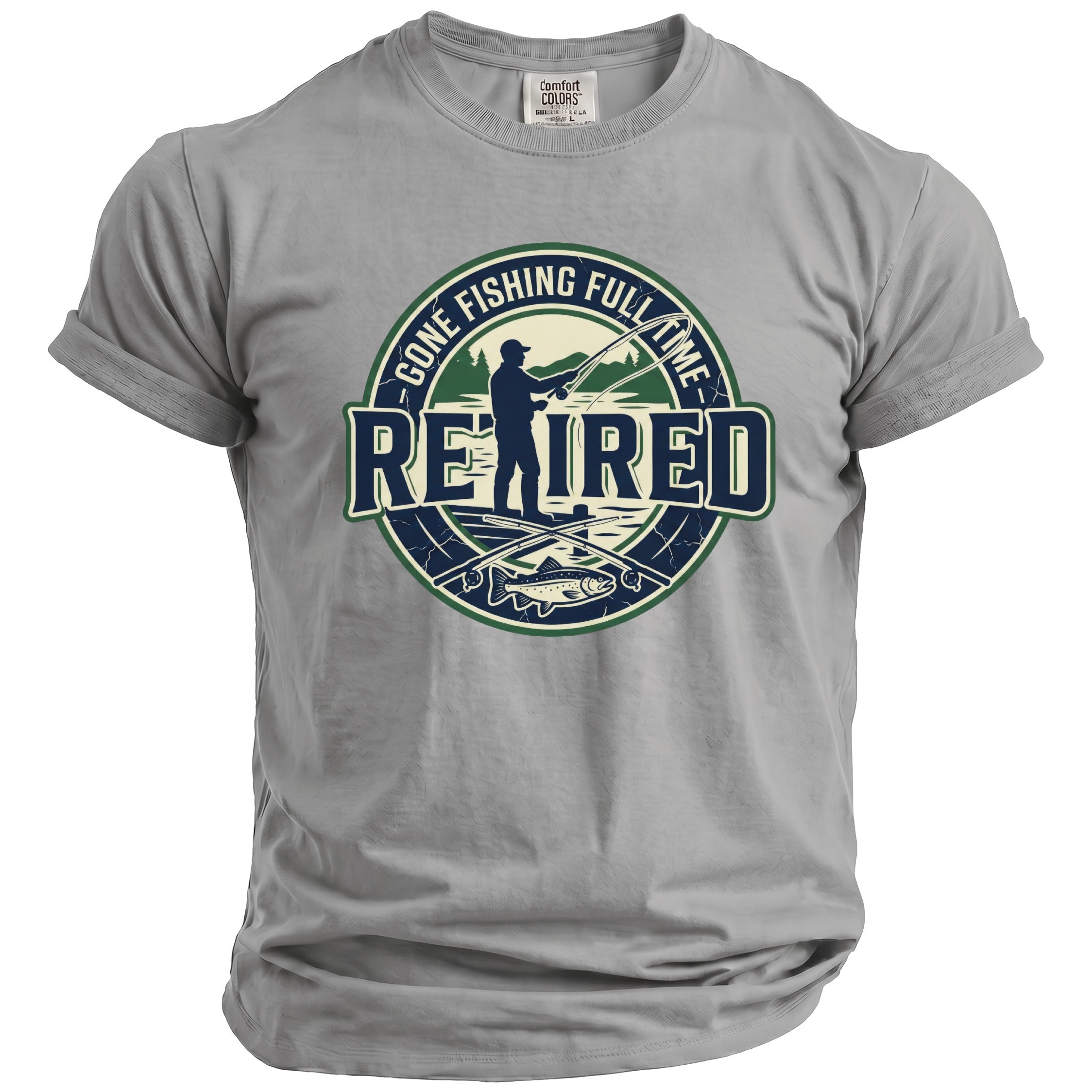 Gray t-shirt with a circular graphic featuring a fisherman, text "RETIRED", and a fish.