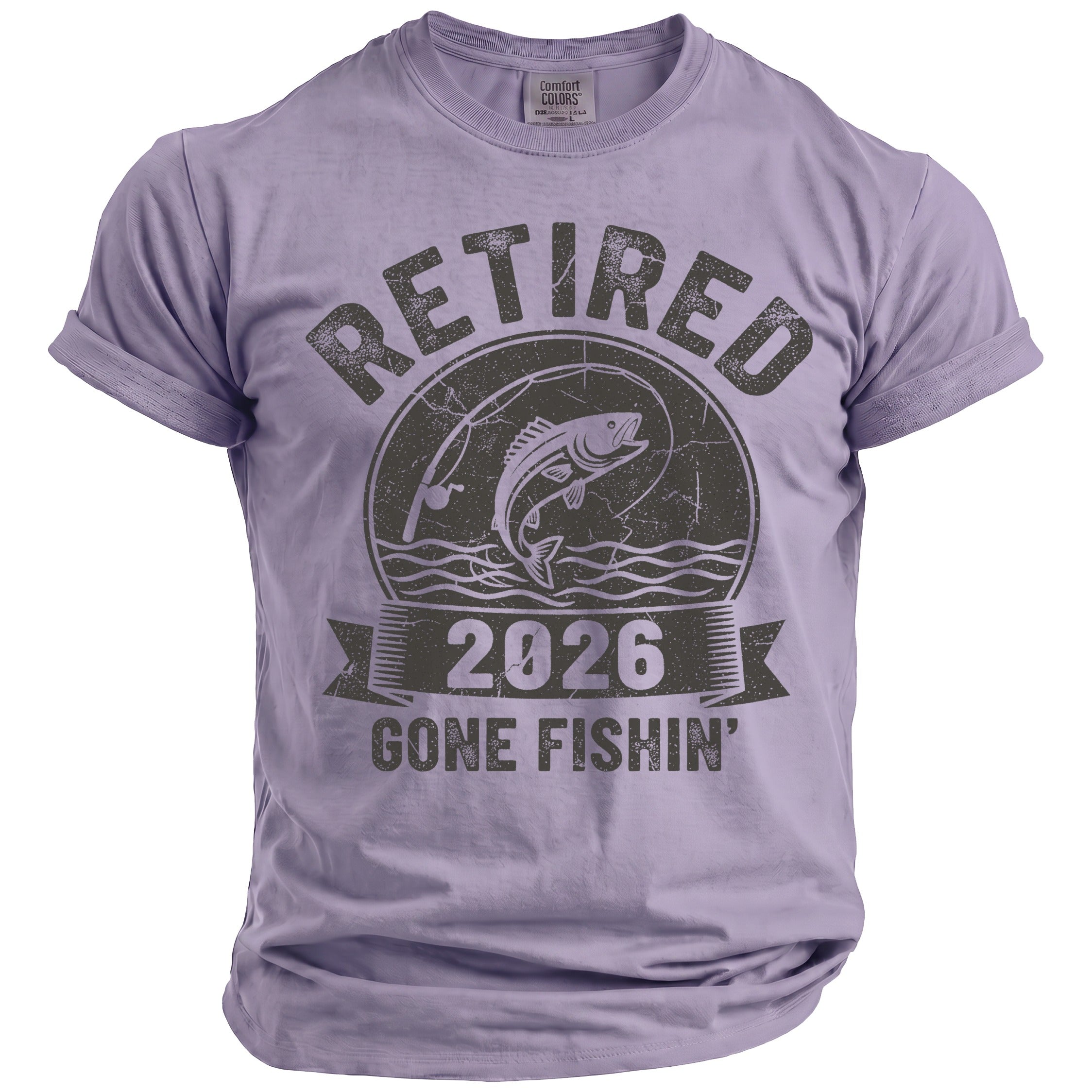 Lilac t-shirt with "Retired 2026 Gone Fishin'" graphic featuring a fish and fishing rod.