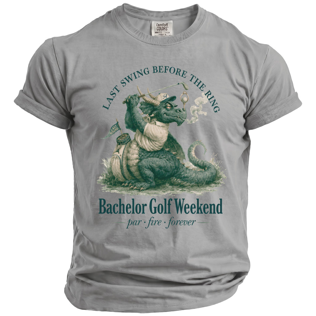 Green dragon golfing with text "Last Swing Before The Ring" and "Bachelor Golf Weekend".