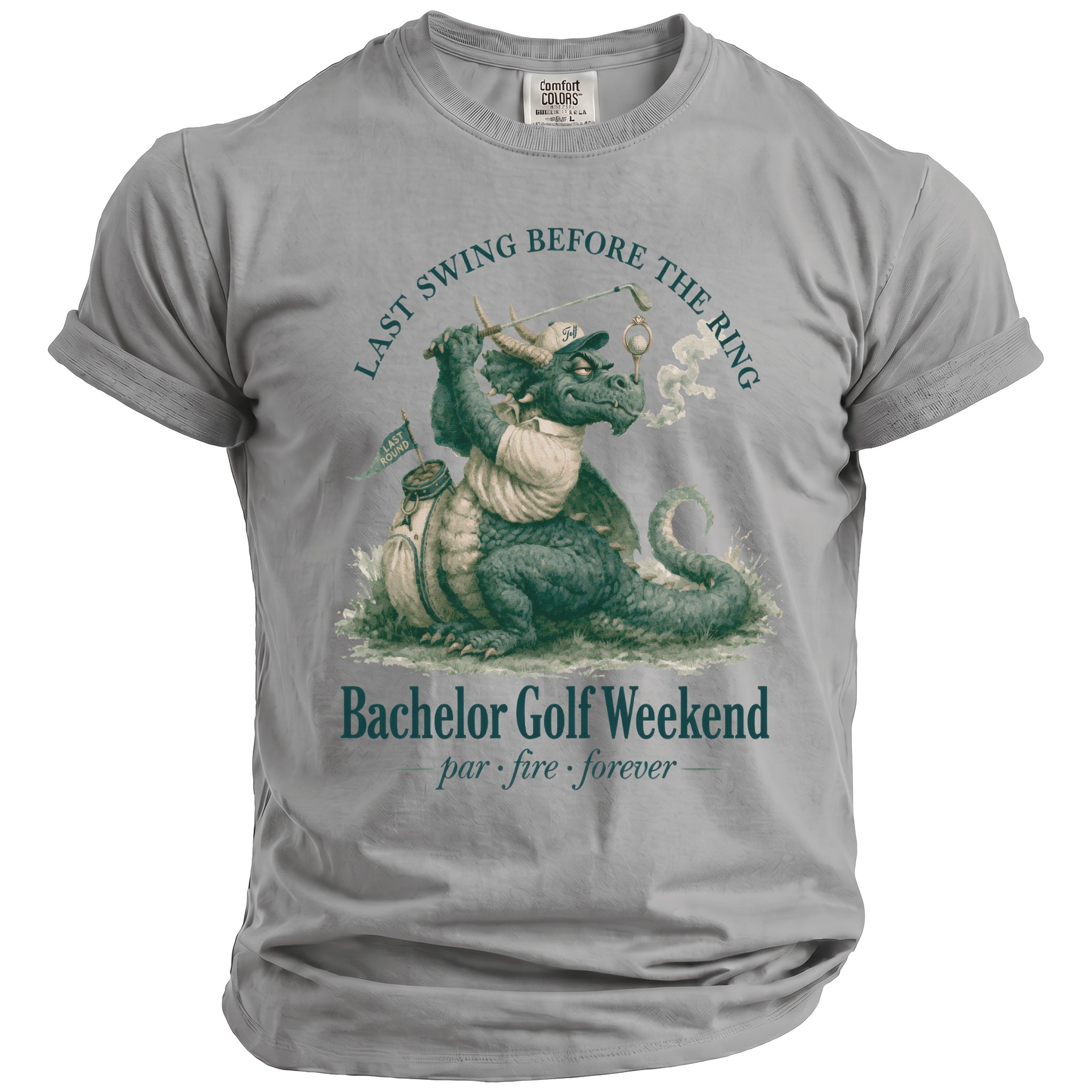 Green dragon golfing with text "Last Swing Before The Ring" and "Bachelor Golf Weekend".