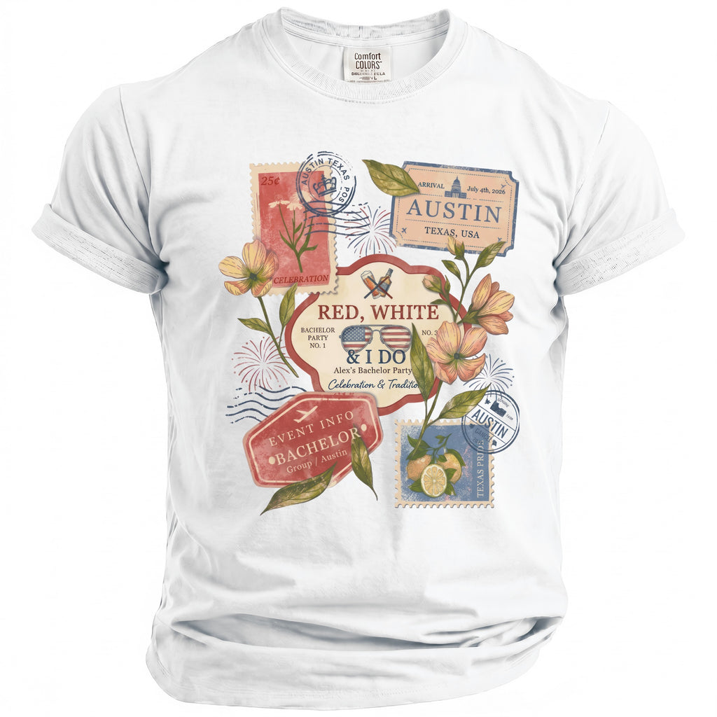 White t-shirt with a red, white, and blue graphic about an Austin bachelor party.