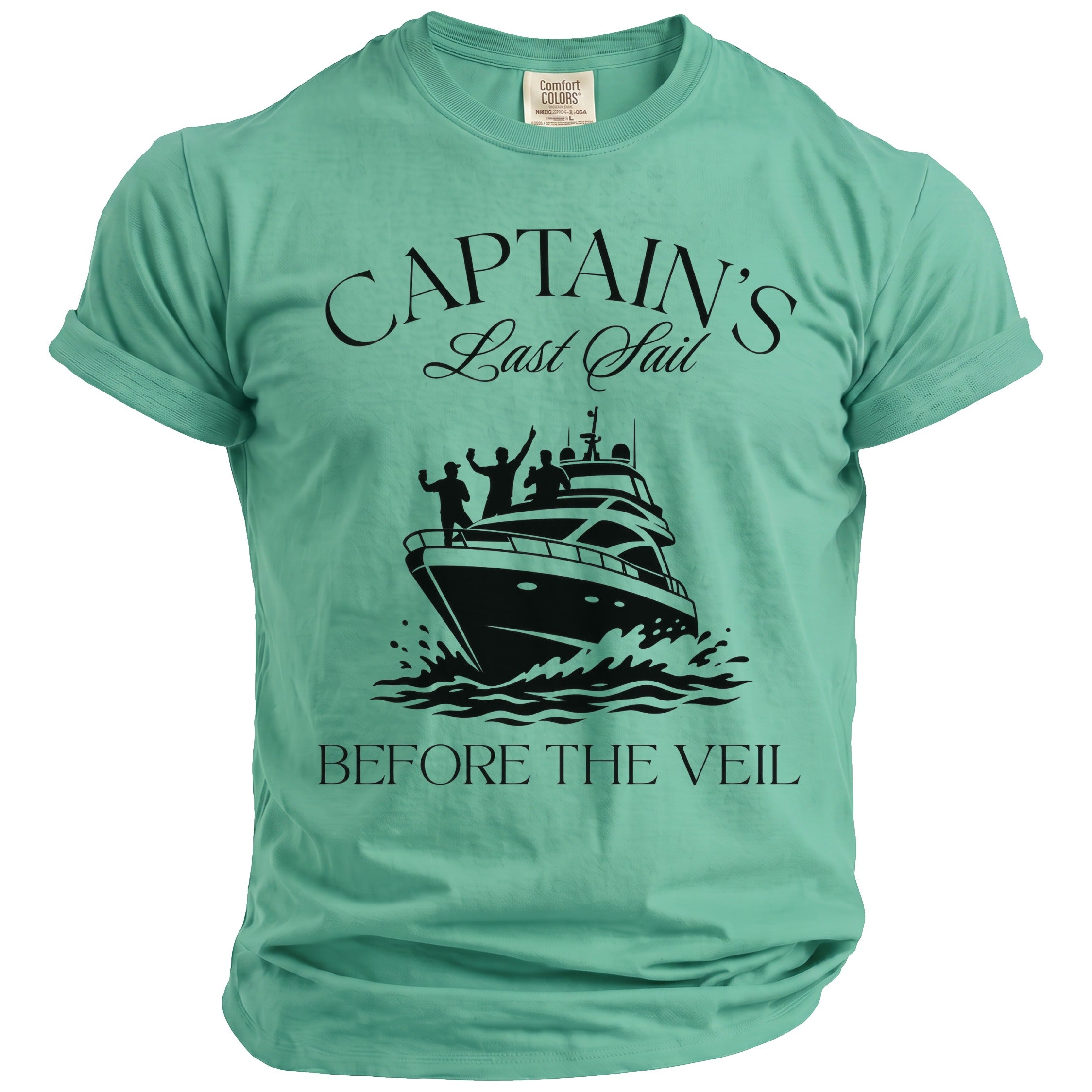 T-shirt with "Captain's Last Sail Before The Veil" text and boat graphic.