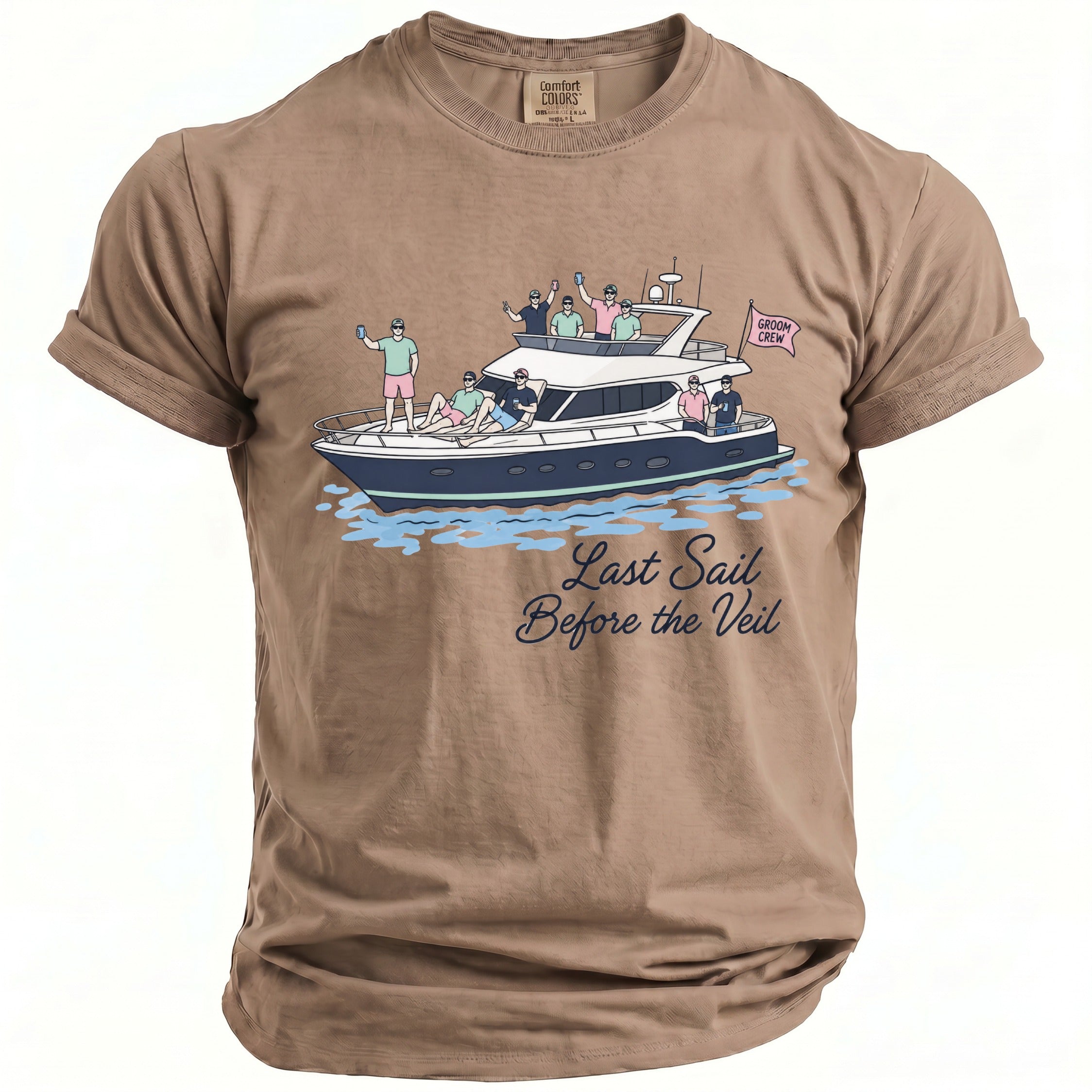 T-shirt with illustration of people on a yacht, text "Last Sail Before the Veil".