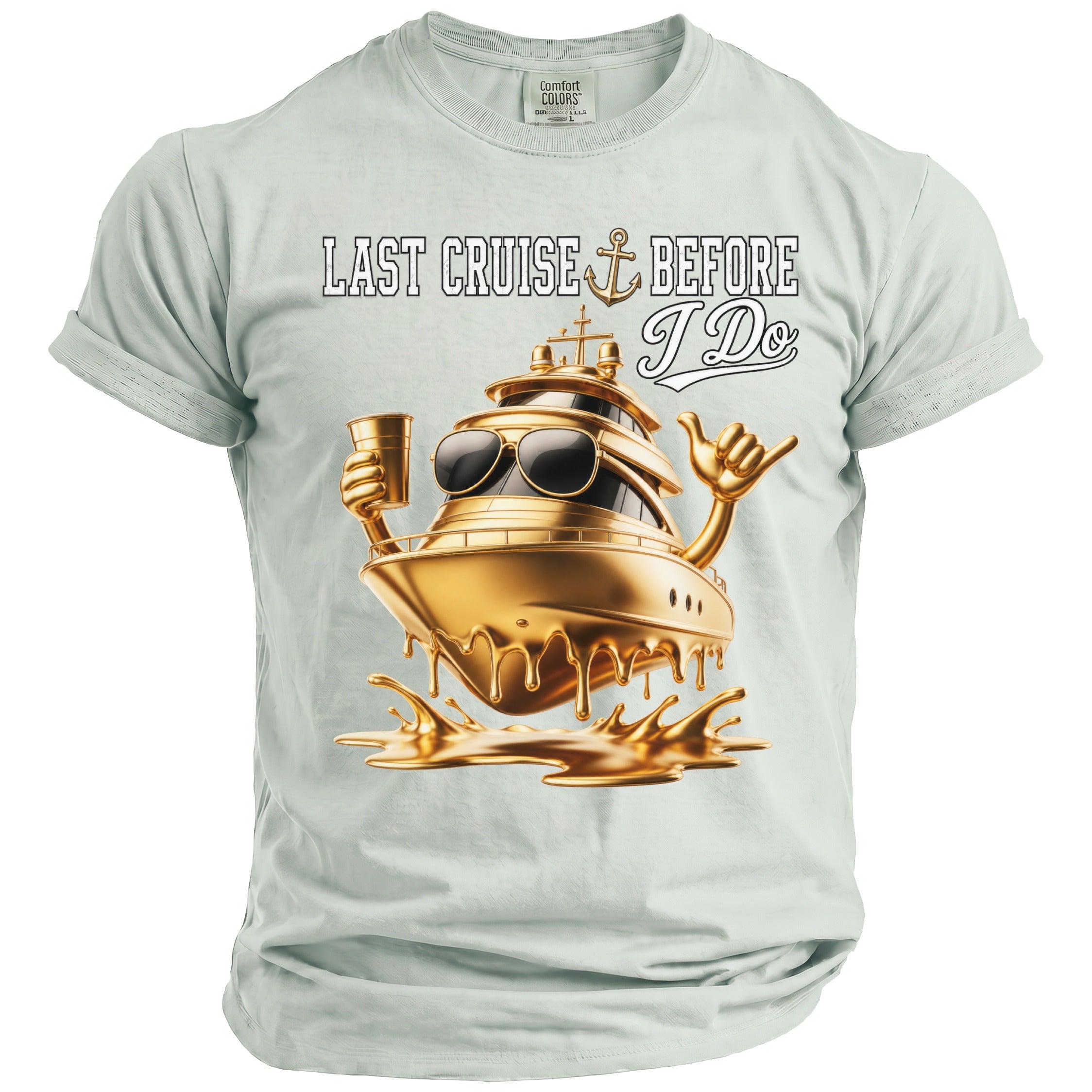 Light blue t-shirt graphic: "LAST CRUISE BEFORE I DO" with a gold yacht.