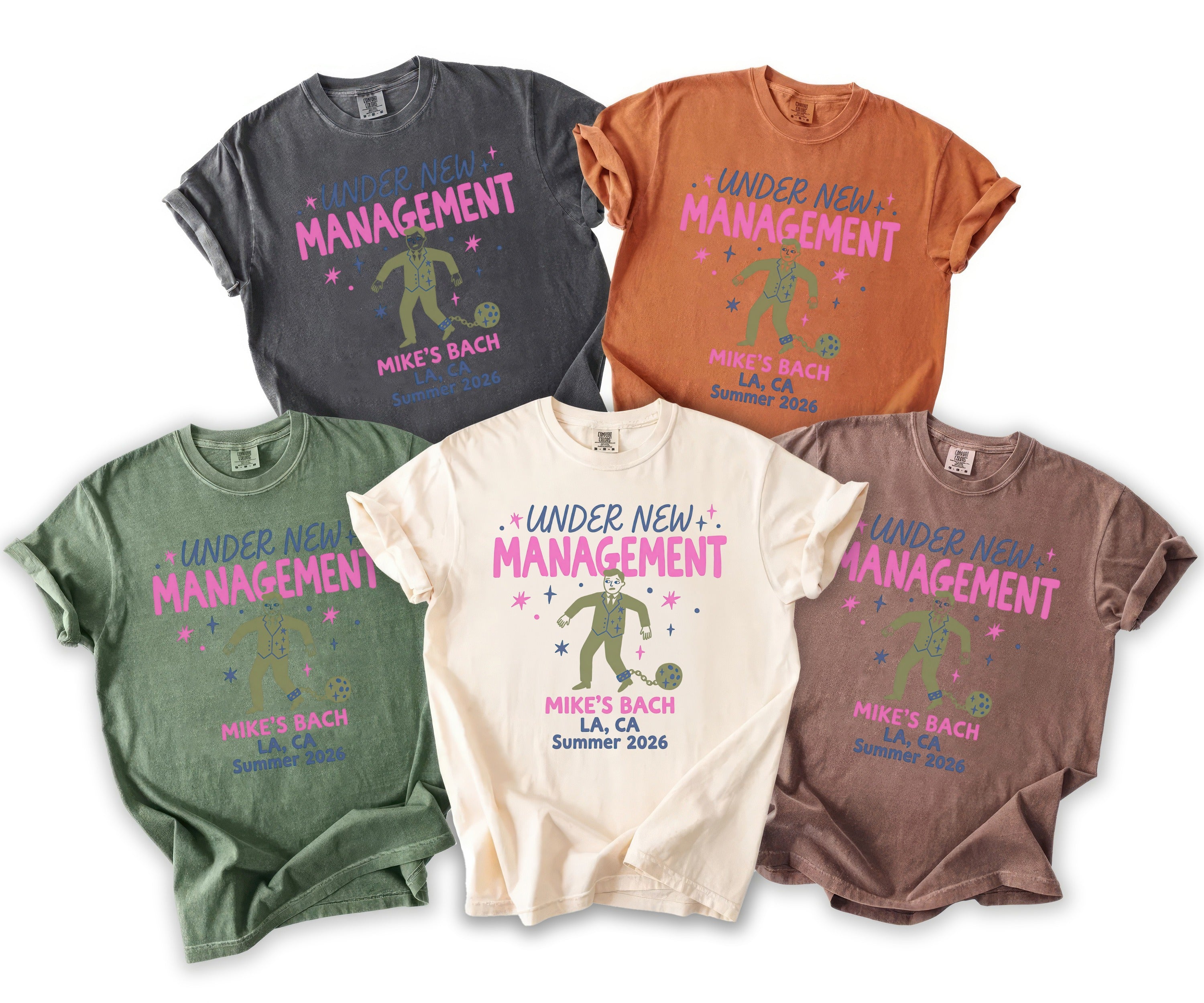 T-shirts with "UNDER NEW MANAGEMENT MIKE'S BACH LA, CA Summer 2026" graphic.