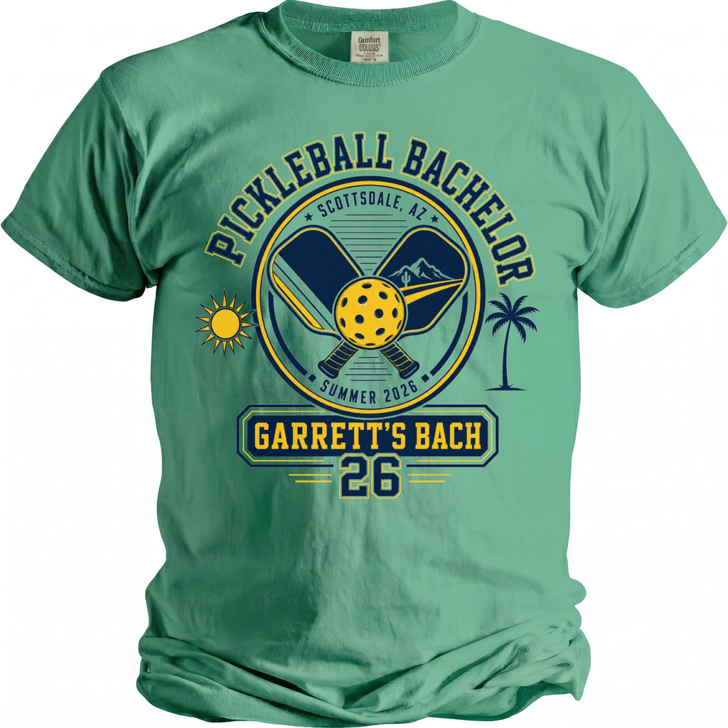 Green t-shirt with "Pickleball Bachelor Garrett's Bach 26 Summer 2026" graphic.