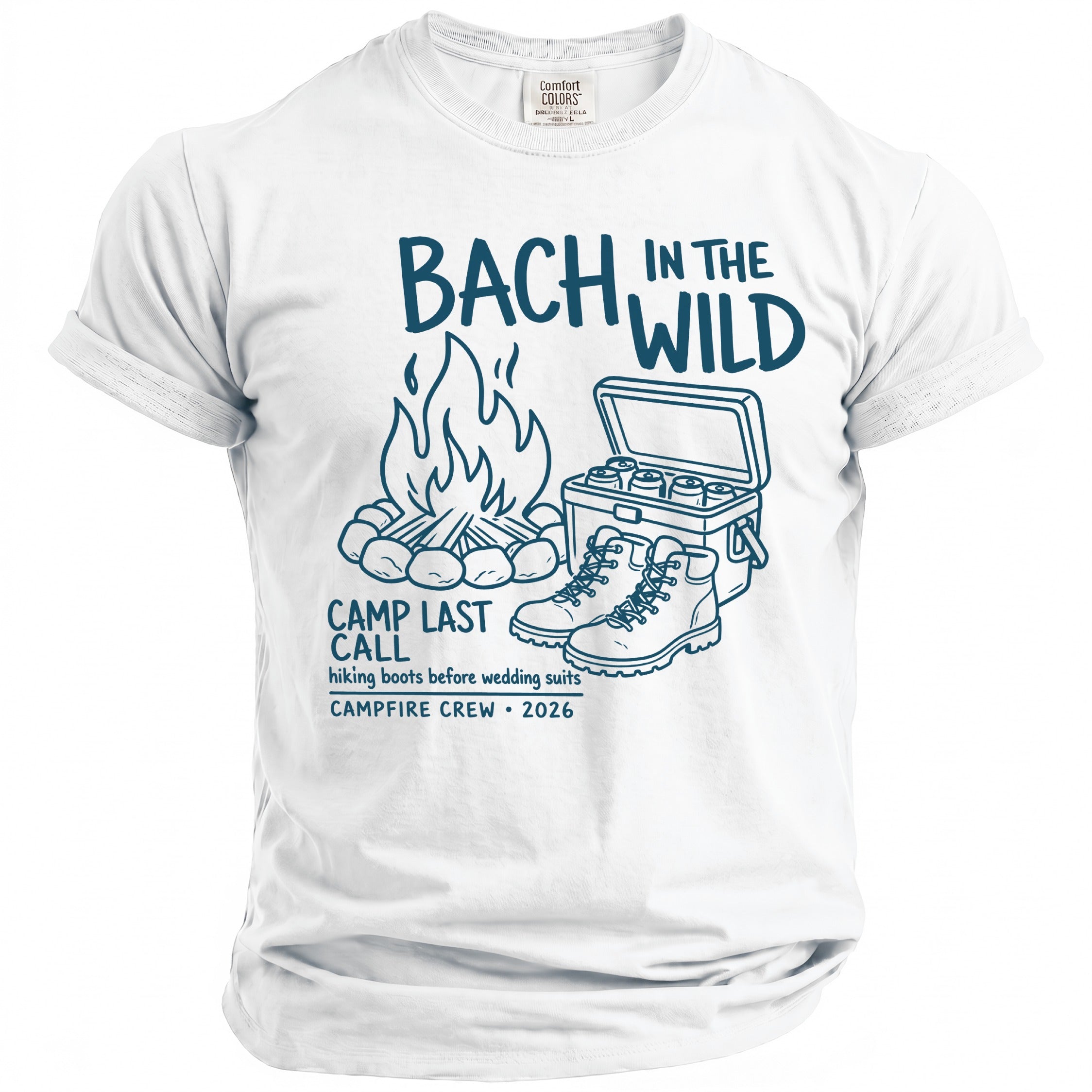 White t-shirt with navy graphic "Bach in the Wild," campfire, cooler, boots, and text.