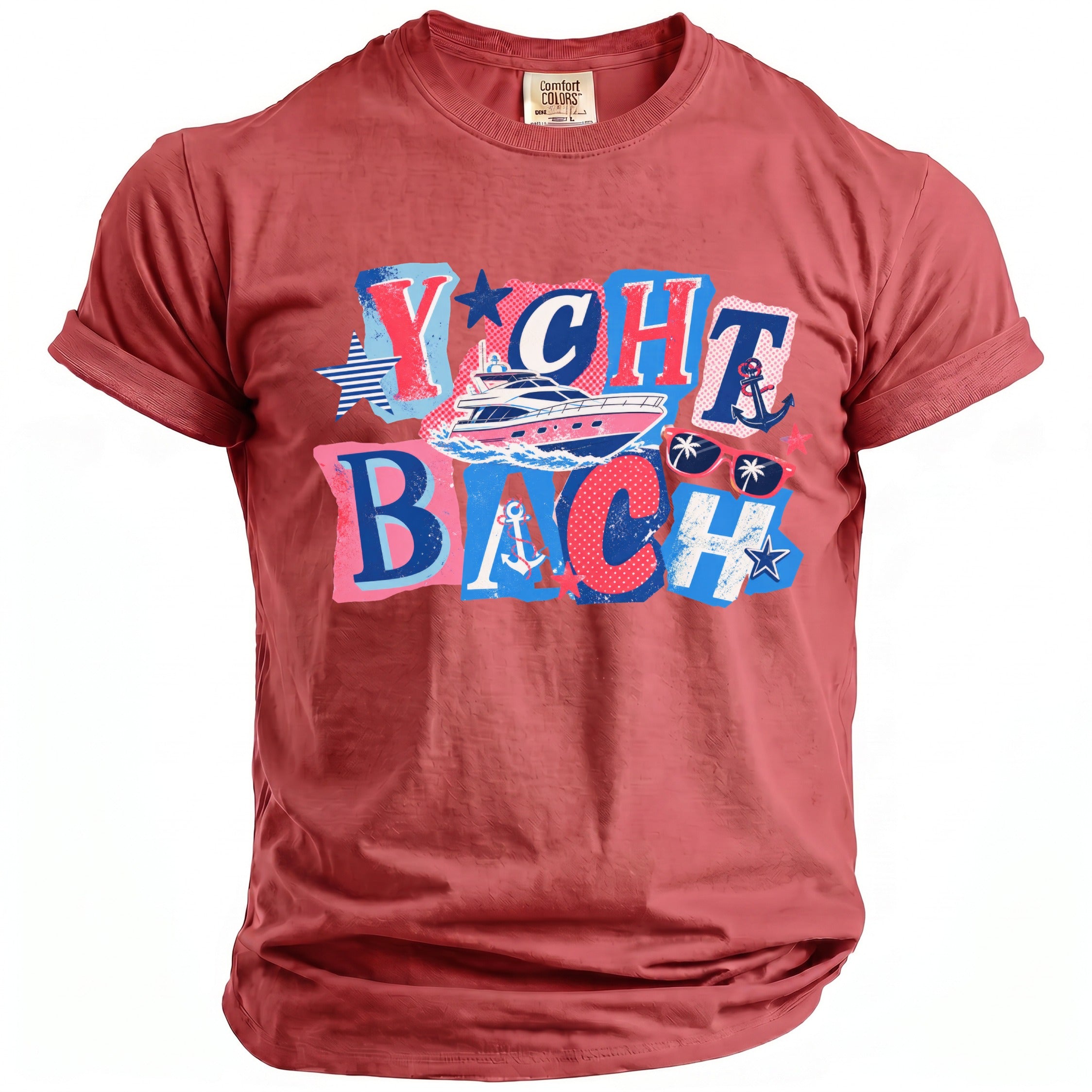 Red short-sleeved t-shirt with a blue, pink, and white graphic reading Yacht Bach featuring a boat, anchors, and sunglasses.