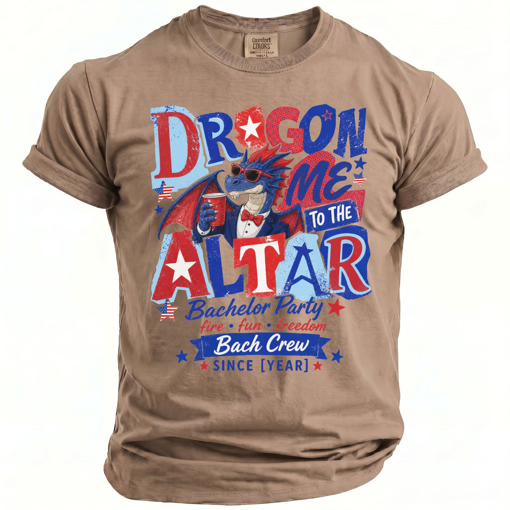 T-shirt with dragon graphic saying "Dragon Me to the Altar Bachelor Party Bach Crew".