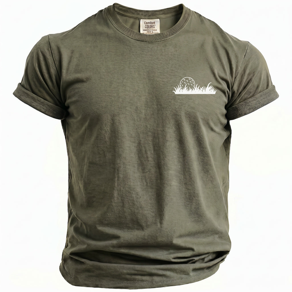 Olive green t-shirt with a small white golf ball and grass graphic on the left chest.
