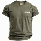 Olive green t-shirt with a small white golf ball and grass graphic on the left chest.