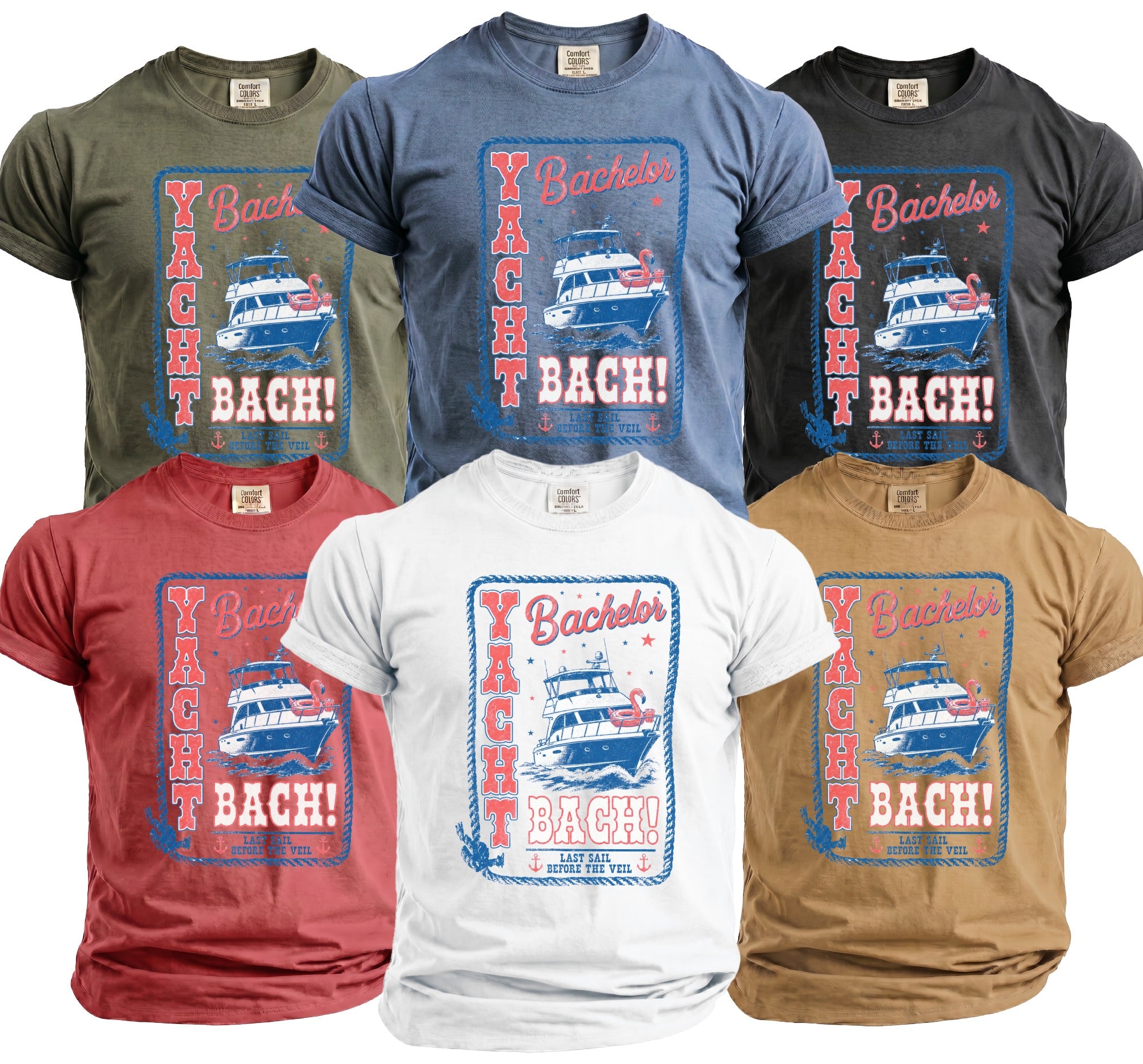 Six crewneck t-shirts in olive, blue, charcoal, red, white, and tan, all featuring the same nautical Yacht Bach graphic.