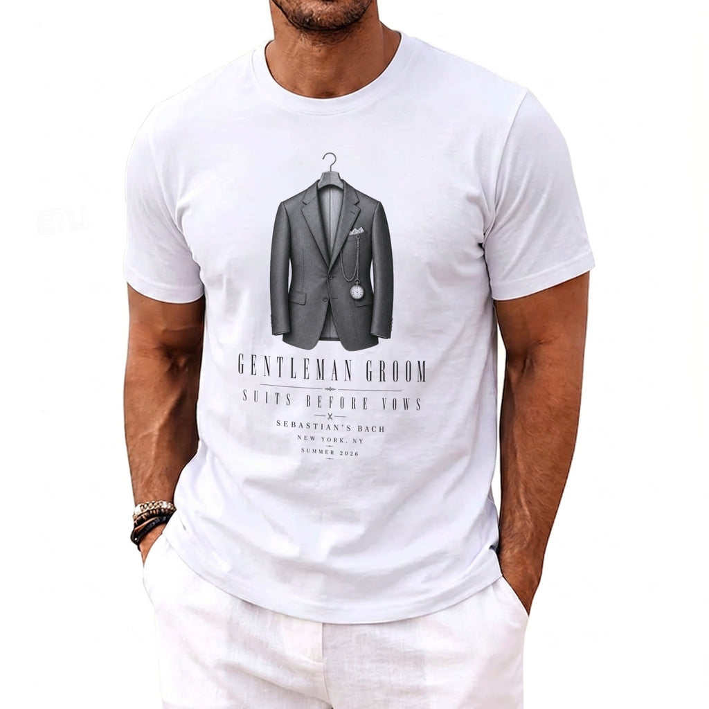 White t-shirt with graphic of a suit, pocket watch, and text: Gentleman Groom.