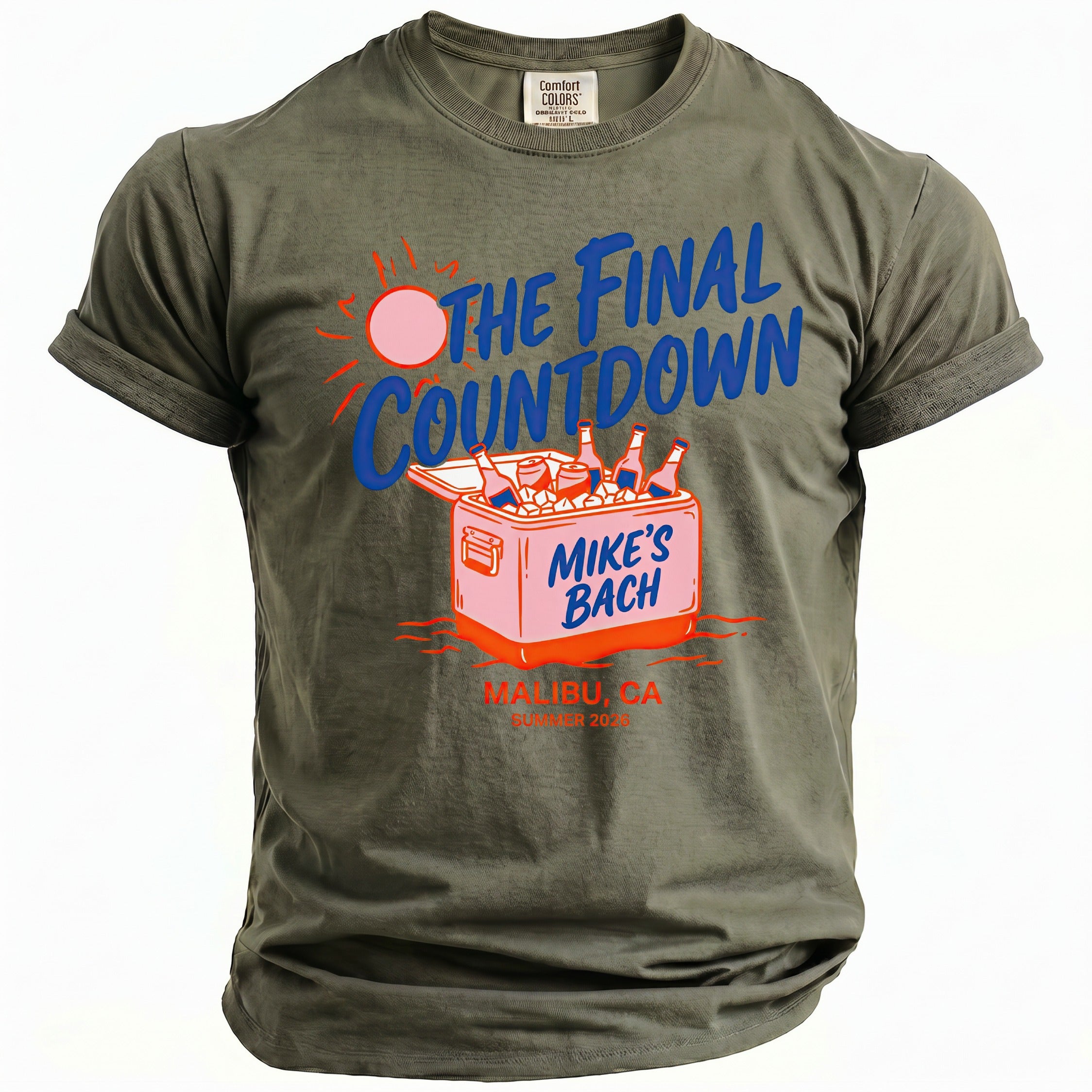 Green t-shirt with "The Final Countdown," a cooler, and "Mike's Bach" graphic.