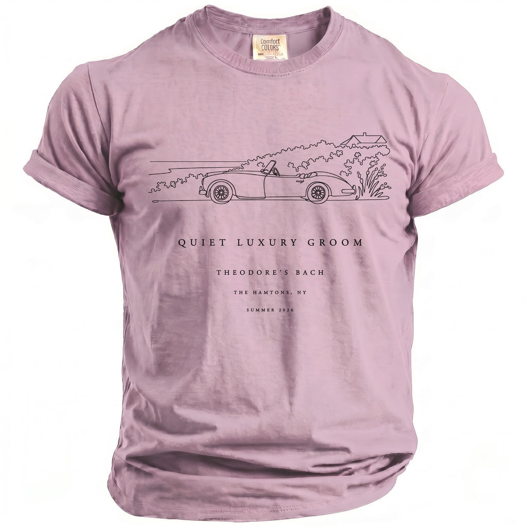 Pink t-shirt with line art of convertible car, text "QUIET LUXURY GROOM" and "THEODORE'S BACH".