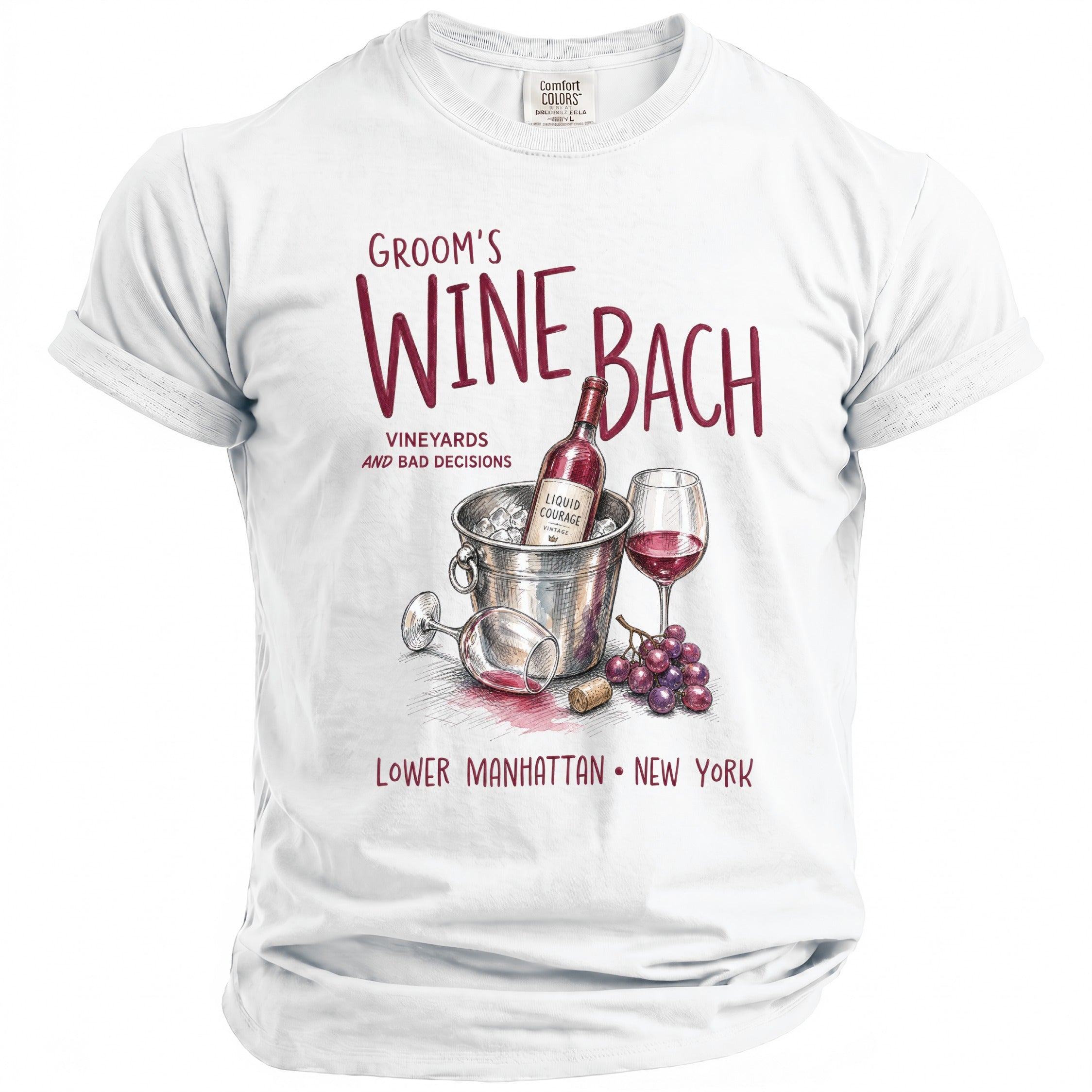 White t-shirt with "Groom's Wine Bach" graphic, bottle, and glasses.