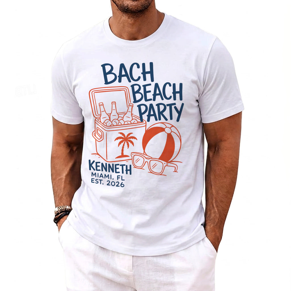 White t-shirt with "BACH BEACH PARTY" text, cooler, beach ball, and sunglasses graphic.