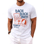 White t-shirt with "BACH BEACH PARTY" text, cooler, beach ball, and sunglasses graphic.