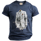 Navy t-shirt with graphic of a suit, "GENTLEMAN GROOM", and "SUITS BEFORE VOWS".