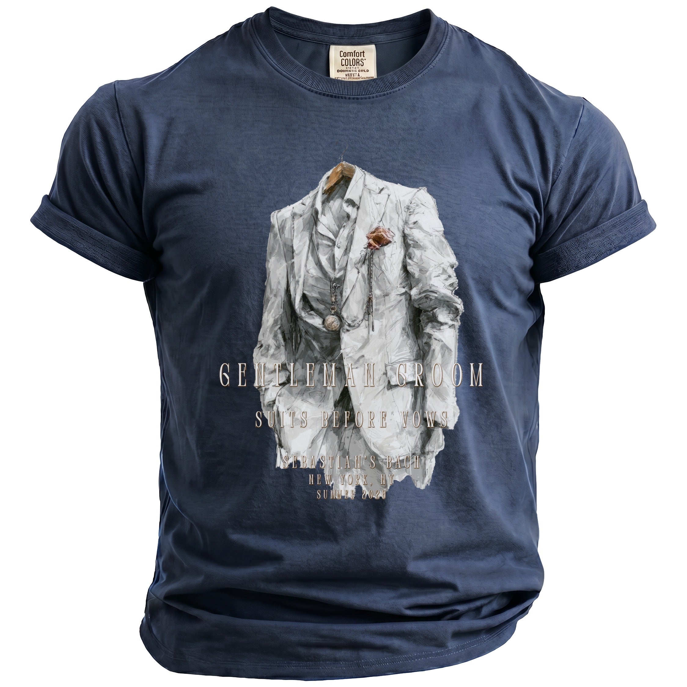 Navy t-shirt with graphic of a suit, "GENTLEMAN GROOM", and "SUITS BEFORE VOWS".