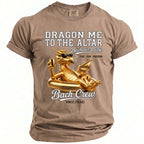 T-shirt featuring a golden dragon on an inflatable ring with text "Dragon Me To The Altar Bachelor Party".