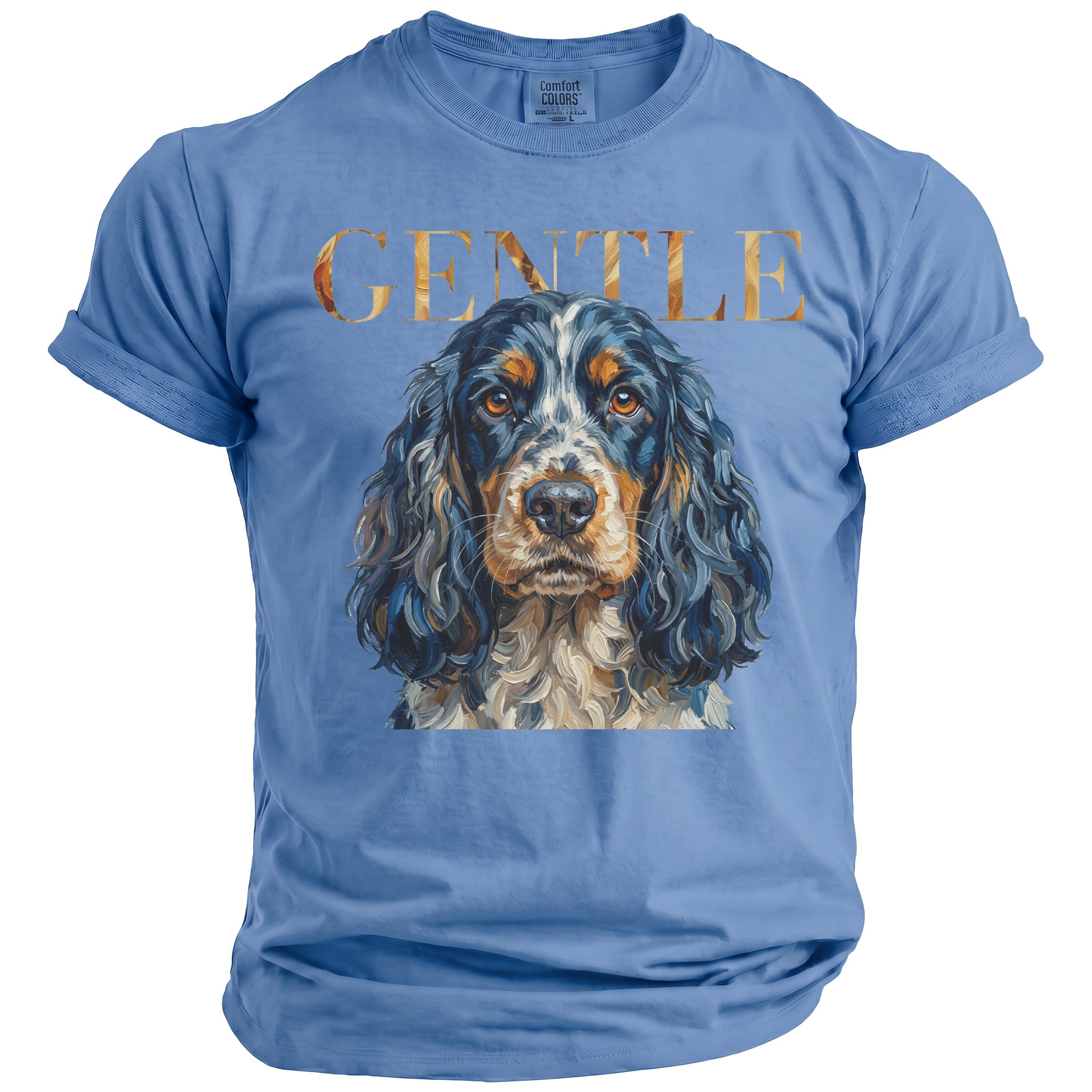 Blue t-shirt with "GENTLE" text and a painting of a dog's face.