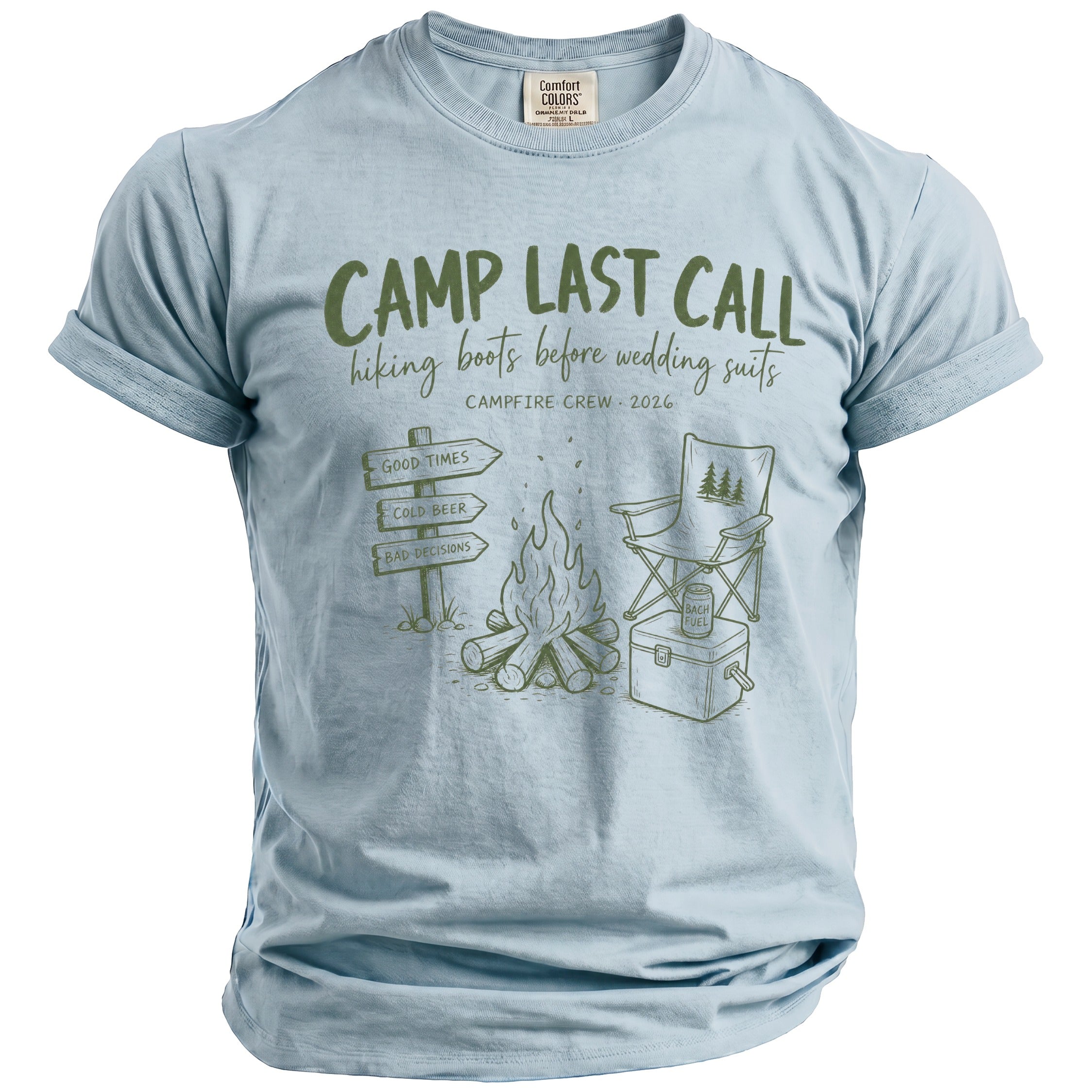 Light blue t-shirt with "Camp Last Call" graphic featuring campfire, chairs, and signs.