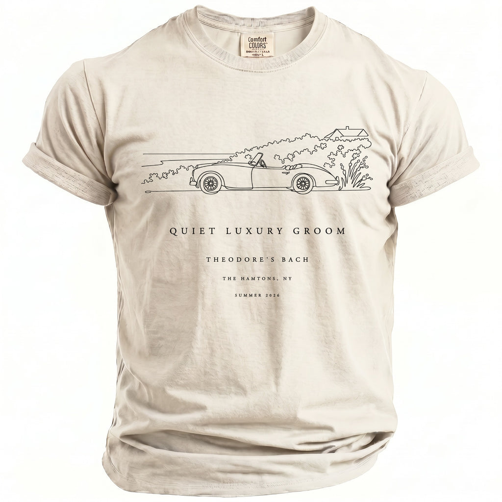Light tan t-shirt with black line art of a convertible and "Quiet Luxury Groom Theodore's Bach The Hamptons, NY Summer 2026".