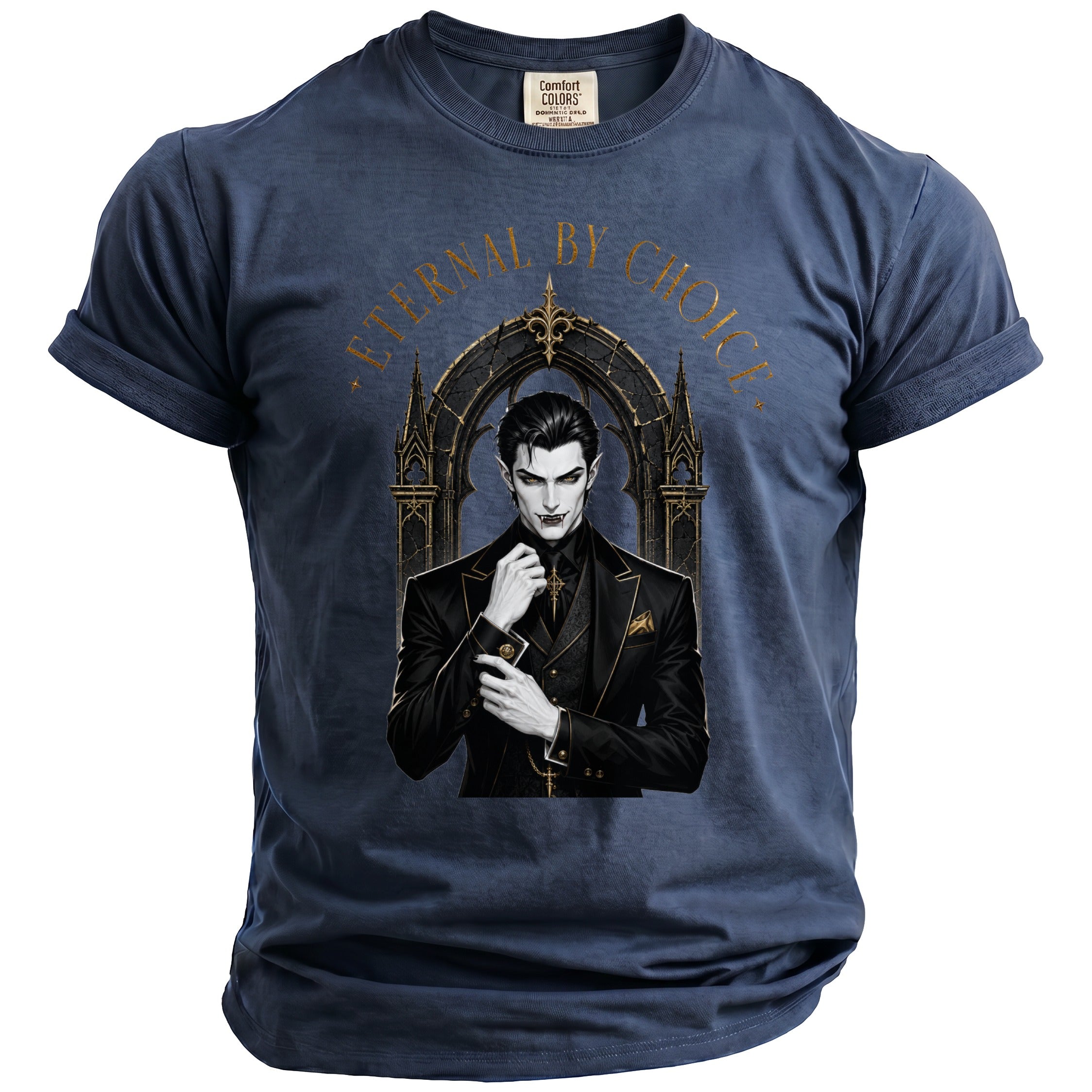 Dark blue t-shirt with a gothic vampire and gold text "ETERNAL BY CHOICE."
