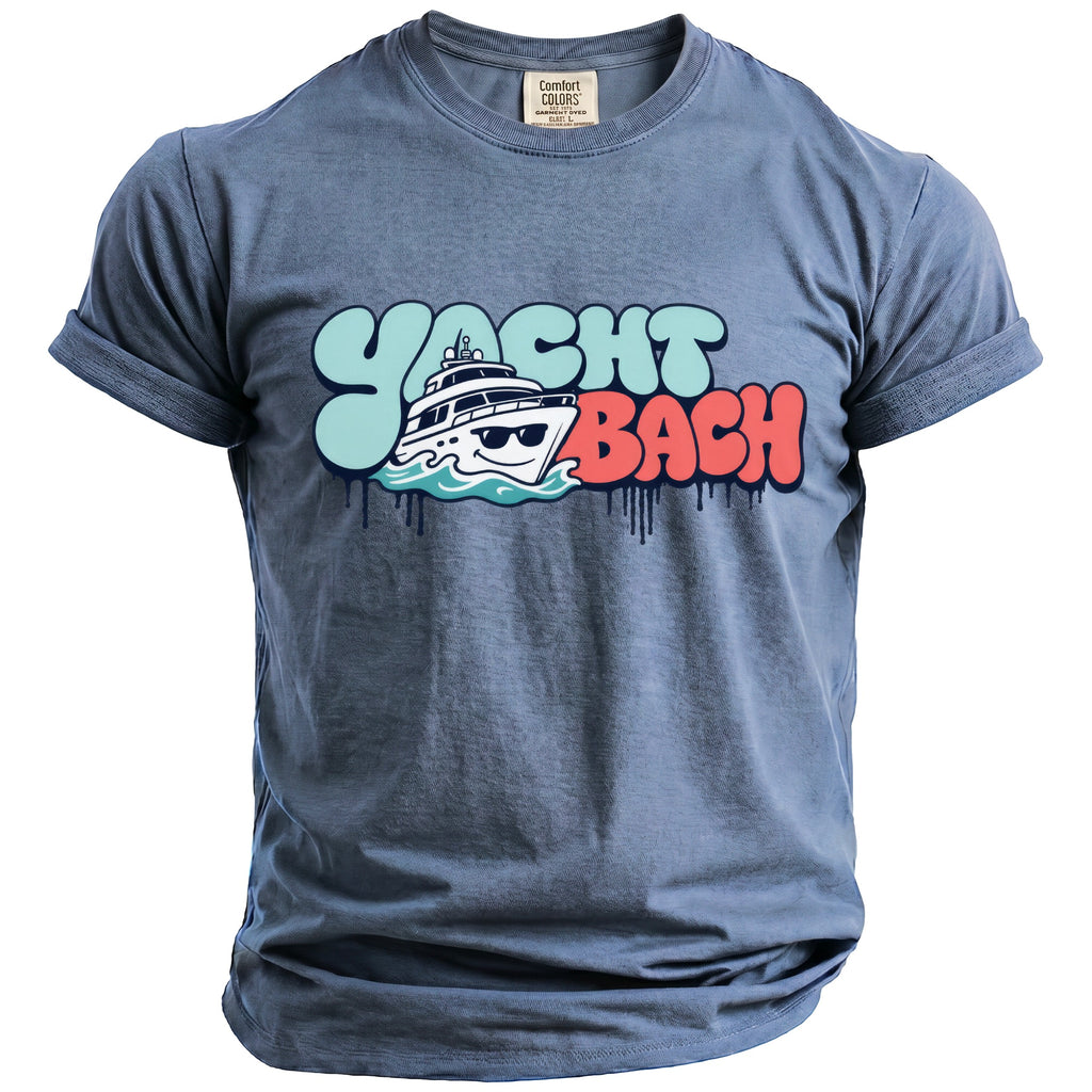 Blue t-shirt with "YACHT BACH" text and a cartoon yacht graphic.